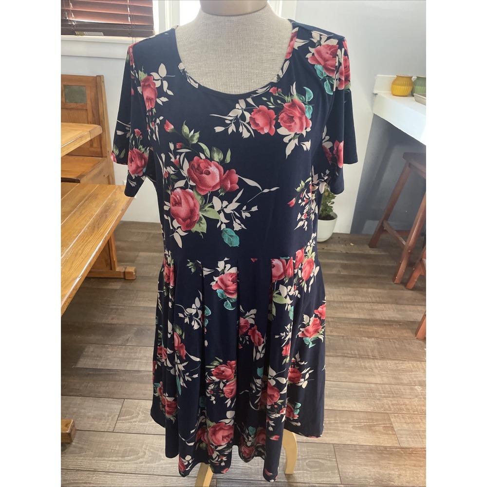 Navy Blue Cottage Red Rose Short Sleeve Pleated Dress Pockets 1X Wedding Fairy